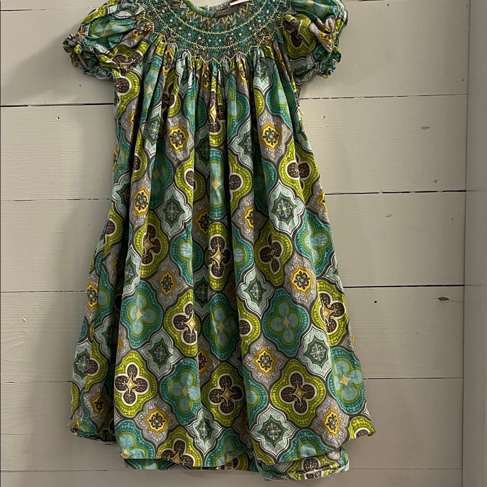 Vibrant Smocked Kids Dress in Green and Blue